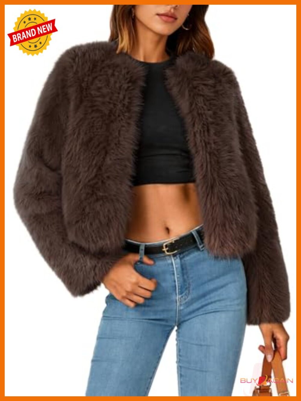 Faux Fur Cropped Jacket Fluffy Winter Coat Hook Closure Women's Outerwear